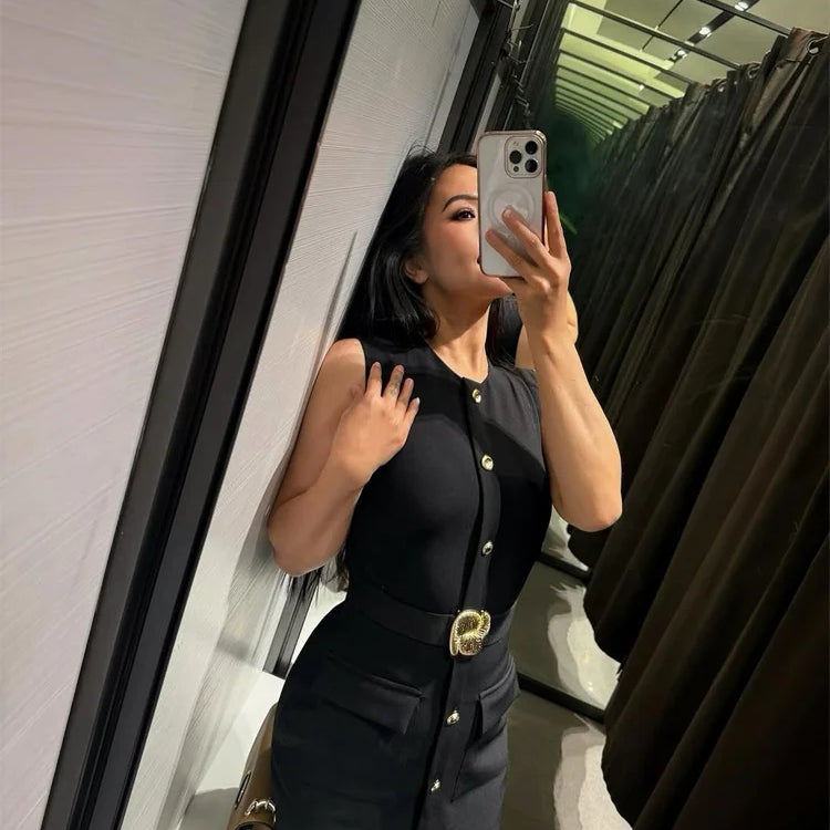 Elegant Split Women 's Maxi Dress O-neck Sleeveless Single Breasted Waist Cinching Pocket Female Dressess Summer Lady Vestidos