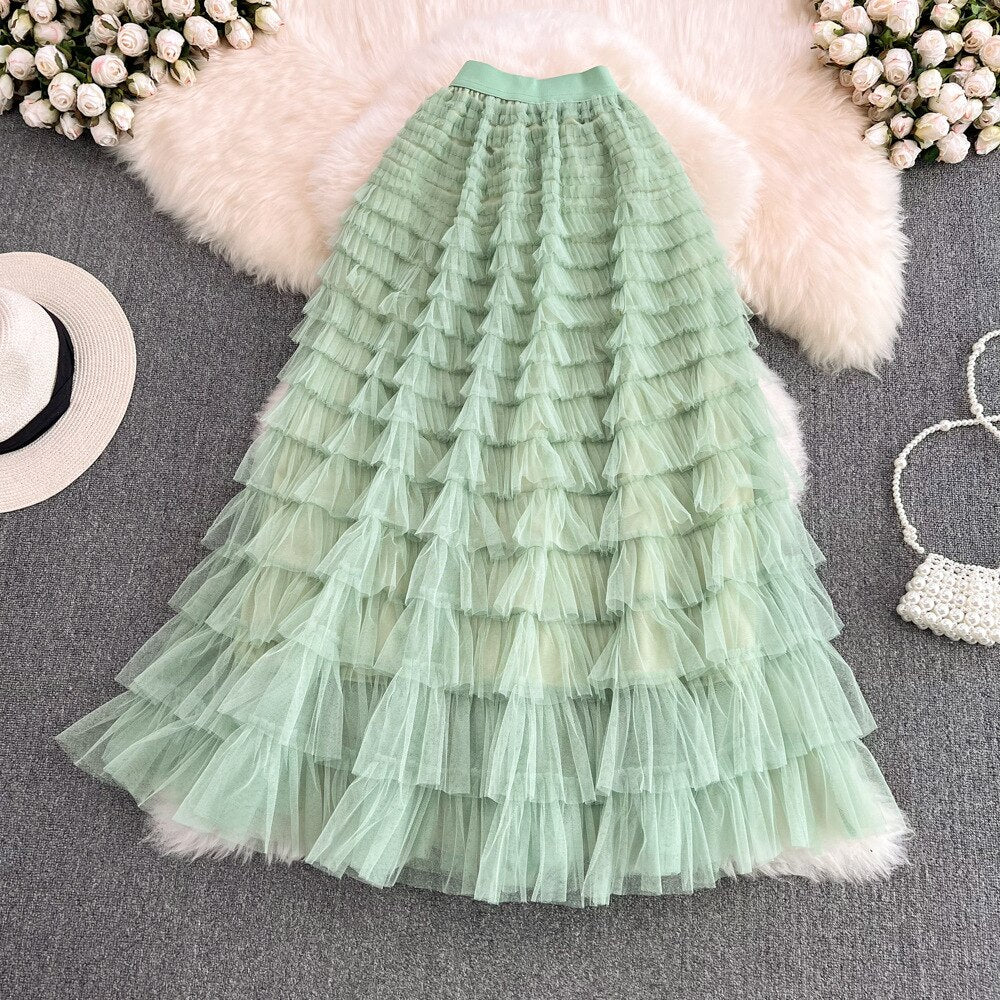 Super Long 97cm Maxi Tulle Skirts for Women 2024 New Chic Patchwork Cake Skirt Multilayer Large Swing A-Line Skirts Mujer Faldas Bean green One Size