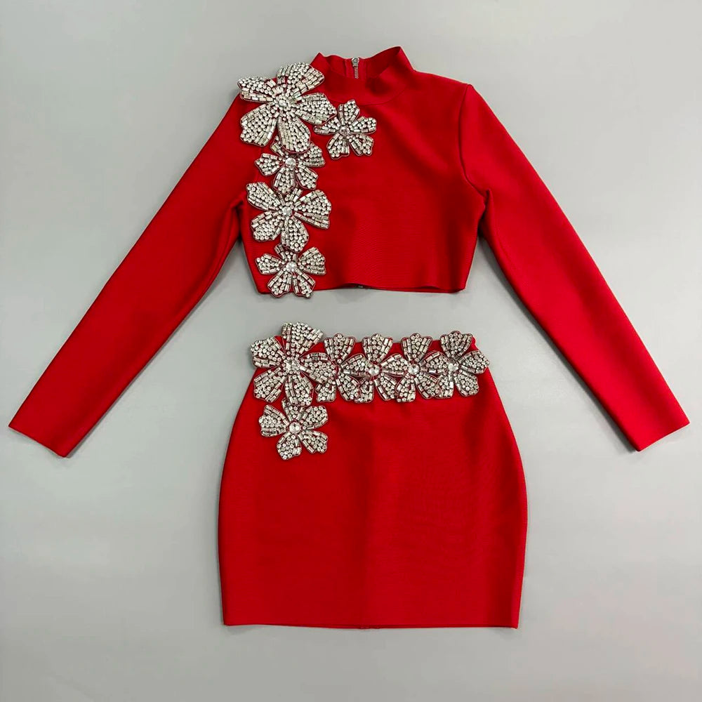 Women's Heavy Industry Nail Bead Flower Short Skirt Set High Collar Long Sleeve Tight Ultra Short Top+Mini Skirt Two Piece Set Red