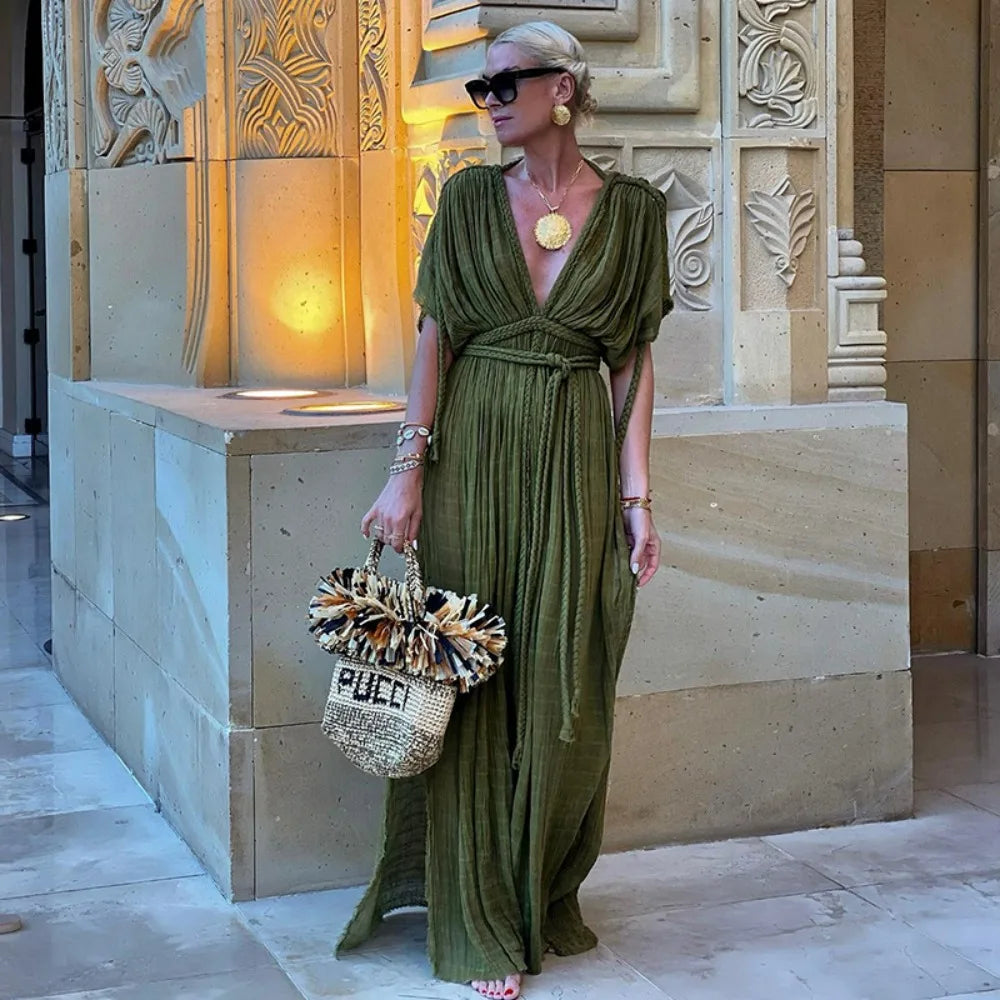 Green Bohemia Holiday Dress Women Elegant Solid Casual Loose Long Dresses Summer Sexy Split Backless Maxi Beach Dress New