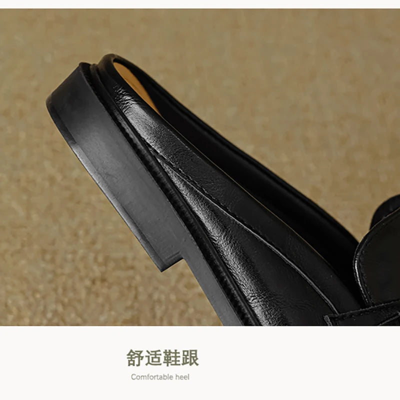 Spring new women's flat slippers British style black Metal decoration Ladies casual mules Work and outdoor wear Large size 41-43