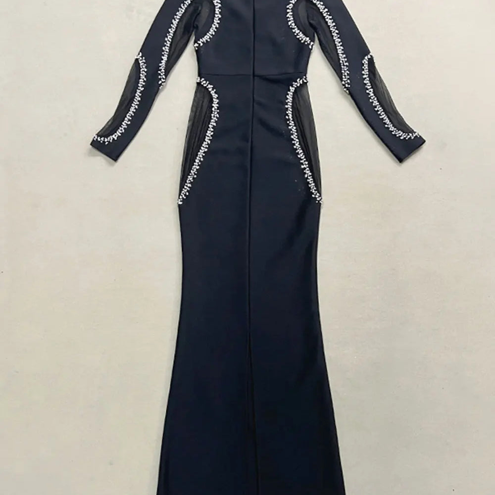 2024 Autumn Women's Light Luxury Diamond Mesh Patchwork Bandage Dress Long Sleeve Bodycon Tail Dresses Evening Party Vestidos