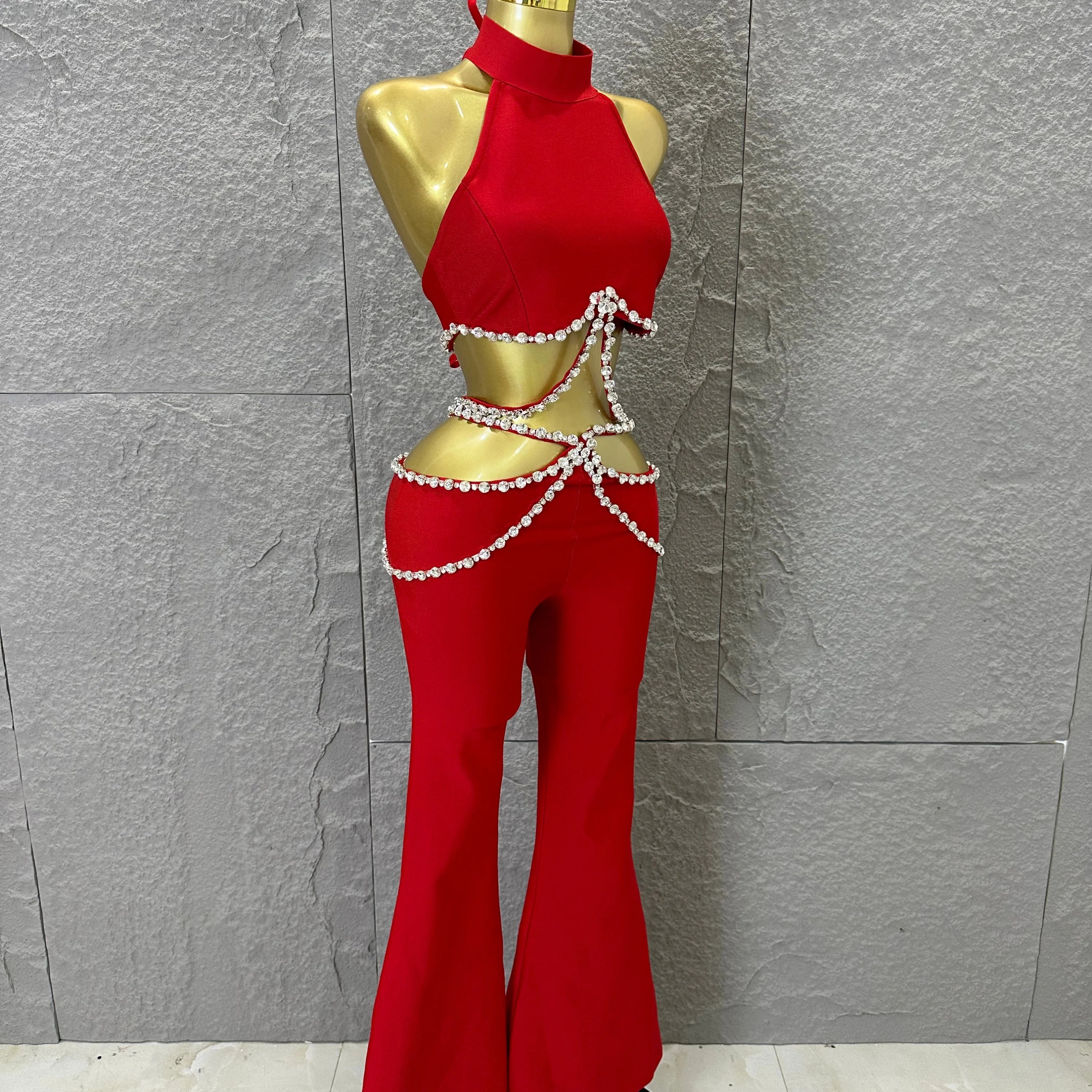 Luxurious Red Two Piece Set Women Sexy Halter Neck Crystal Cutout Crop Top Flare Pants Outfit Stage Performance Costume