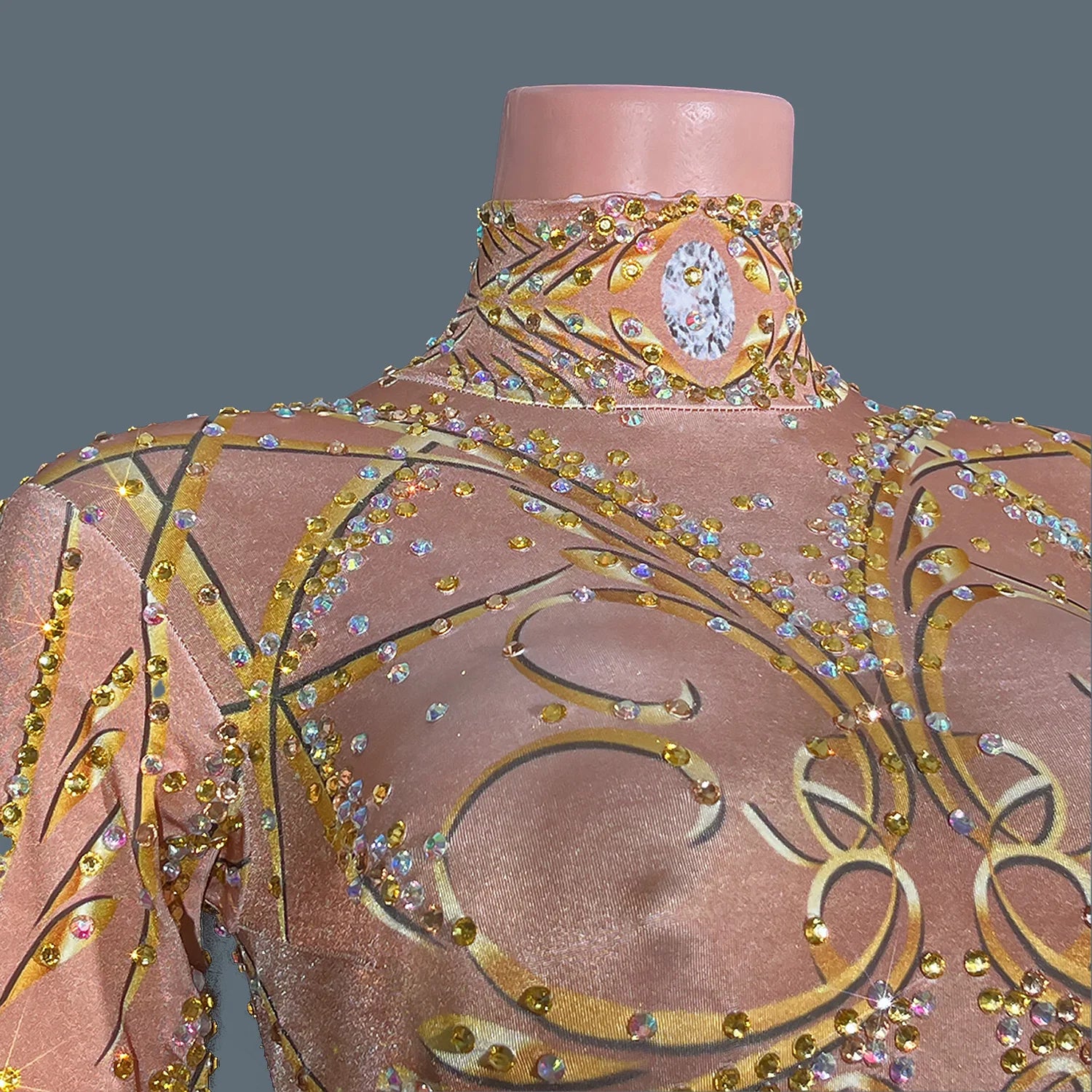 GOLD Rhinestones Spandex Bodycon Long Sleeved Jumpsuit Birthday Party Celebrate Bars Show Wear Women Dance Leggings Jinfenghuang