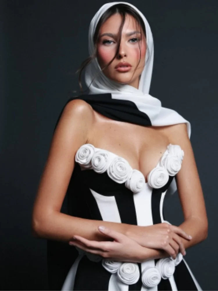 2025 Stereoscopic White Flowers White and Black Bandage Mini Dress Sweet Woman Birthday Party Vestido Celebrity Party outfit！