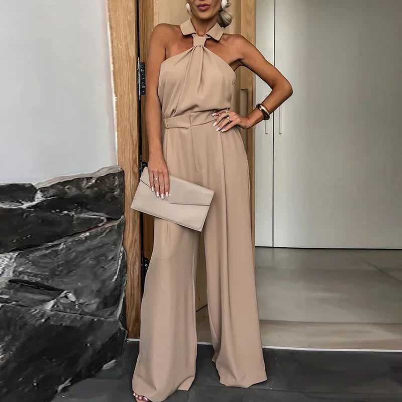 Sexy Off Shoulder Hight Waist Jumpsuit Women Casual Sleeveelss Wide Legger Solid Romper Elegant Pleated Loose Long Playsuit
