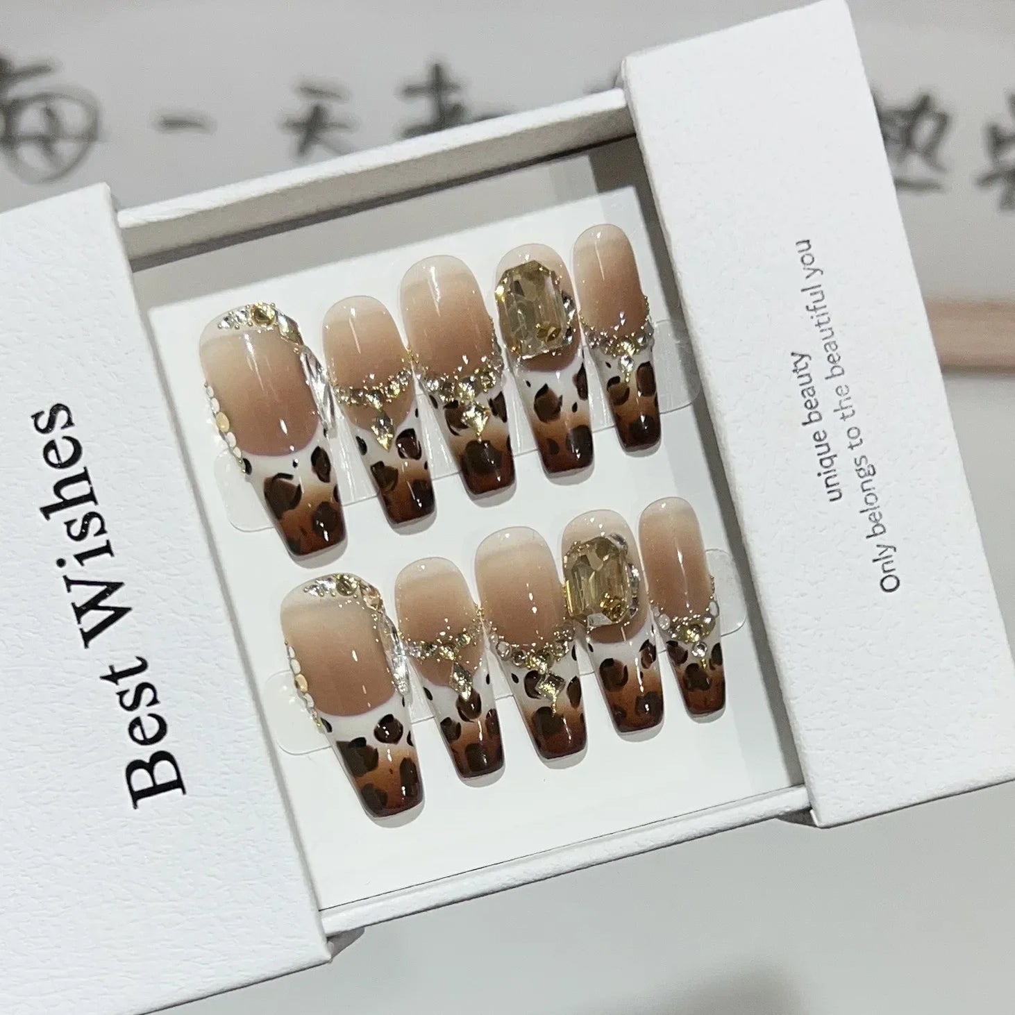 10Pcs Autumn Winter Long Coffin Handmade False Nails Swallow Gird French Press on Nail Glossy Pearl Full Cover Acrylic Nail Tips