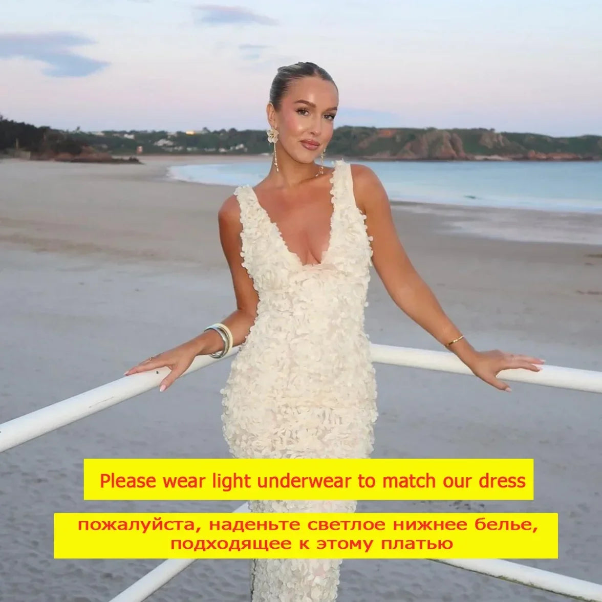 Suninheart Summer Formal Occasion Dress 2024 Elegant Flower See Through Maxi Dress Sexy Slim Wedding Guest Party Dresses Women Apricot