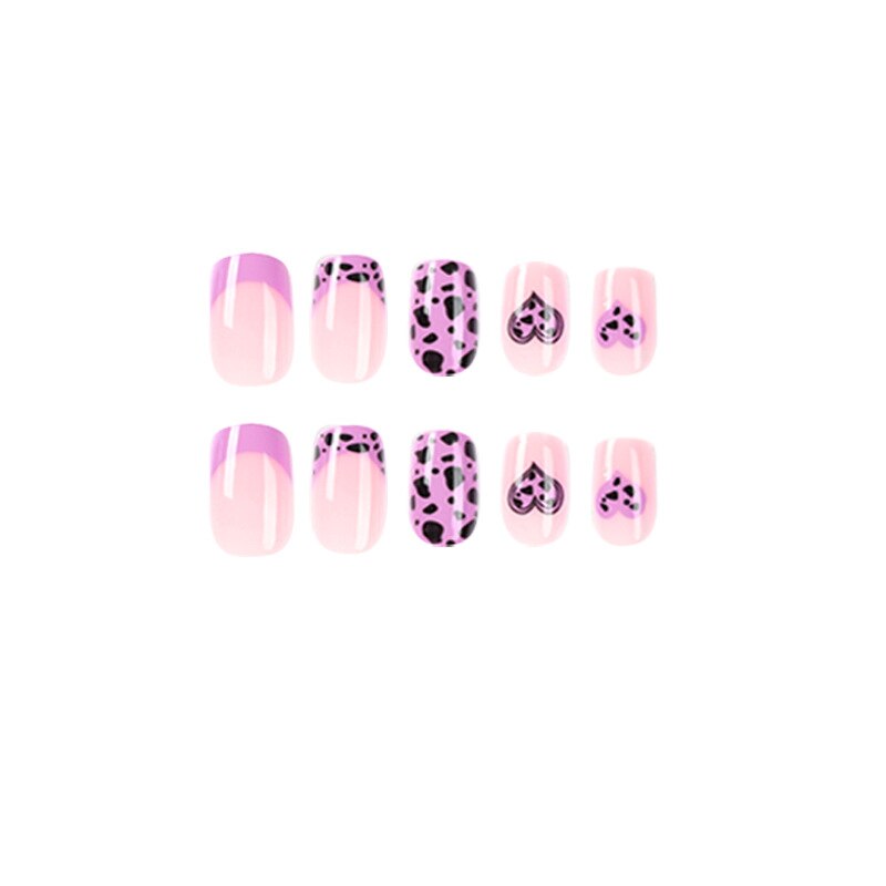 Purple Love Heart Leopard Print Wearable Nail Art Glossy Pink Fake Nails Finished False Nails Short Press on Nails with Glue