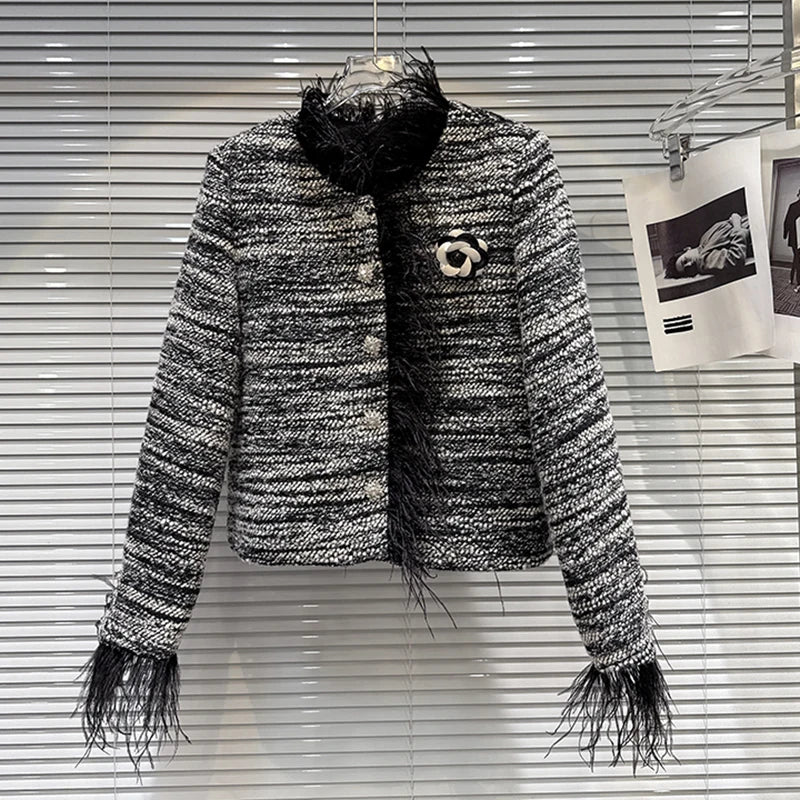 Winter New Fashion Style Ostrich Feather Edge Woven Tweed Cotton Liner Short Coat For Women Versatile Jacket 11A07865 Black