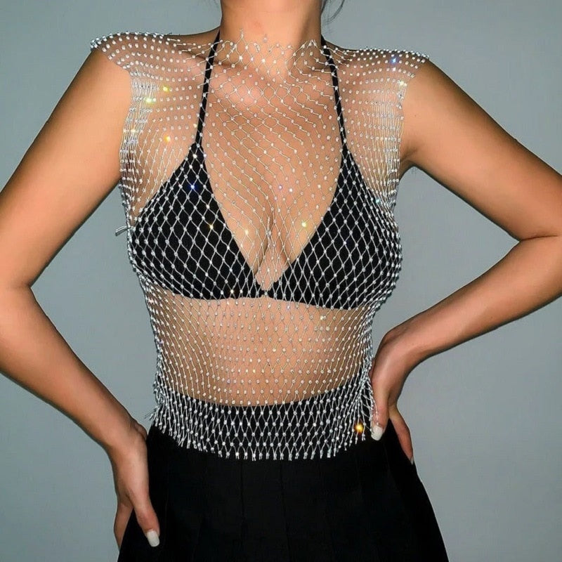 Women's Fishnet Rhinestone Crop Top 2024 Summer Sexy Mesh High Elastic Black White Shirt Net See Through Rave Diamond Tank Top