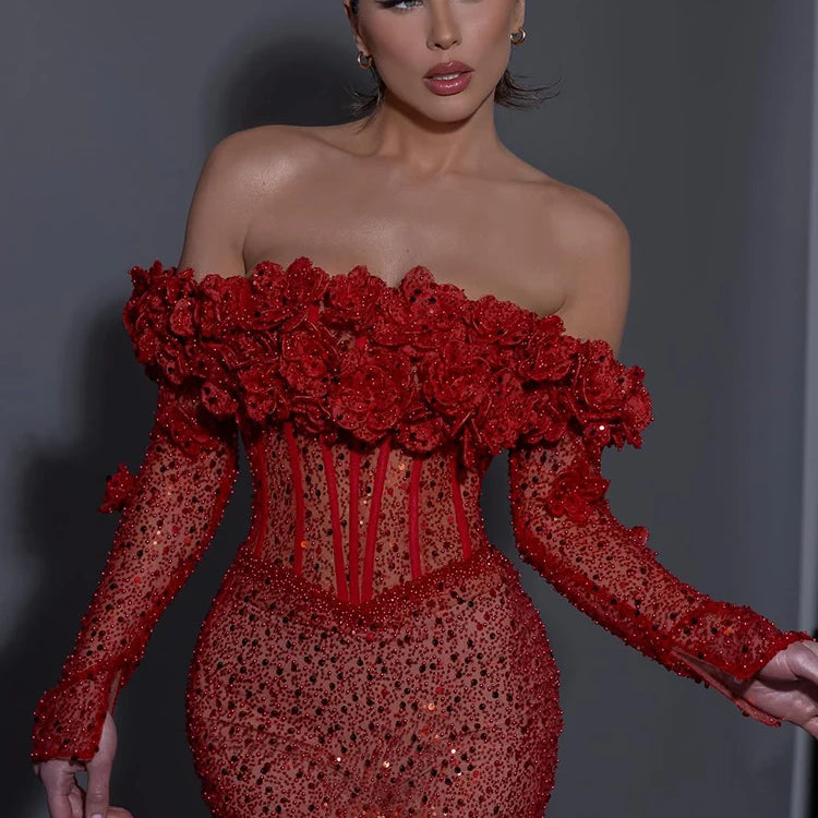 Red Structured Flower Boned Bodice Christmas Long Dress For Women Long Sleeves Sequins Mermaid Party Evening Gown
