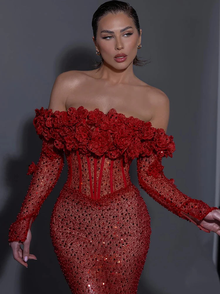Red Structured Flower Boned Bodice Christmas Long Dress For Women Long Sleeves Sequins Mermaid Party Evening Gown