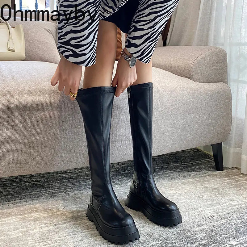 Winter Chunky Platform Heels Long Boots Round Toe Zipper Thick Sole Ladies Fashion Winter Women's Knee High Boots