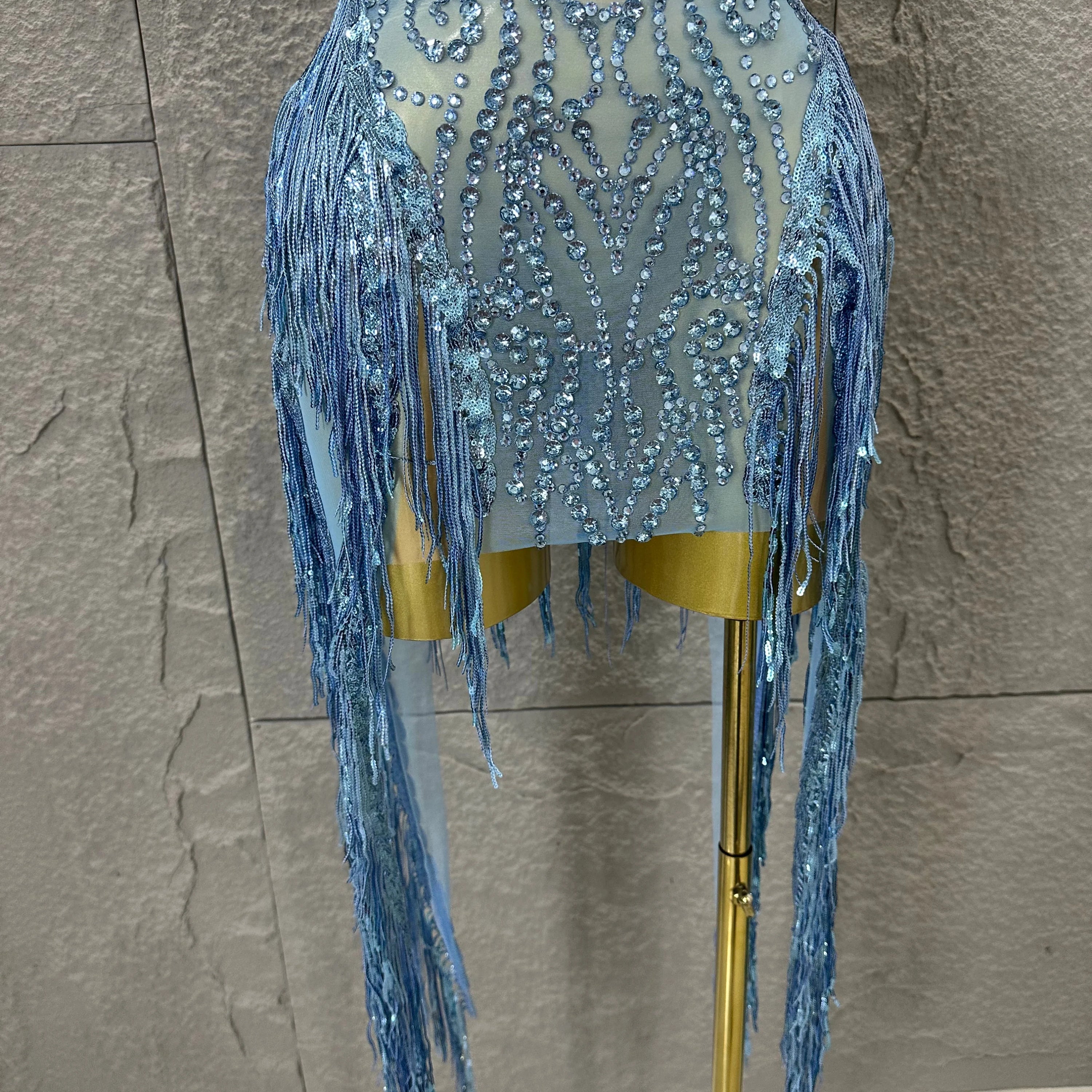 Refined Blue Spaghetti Strap Mini Dress Women Sheer Mesh Rhinestone Fringe Embellished Latin Dance Performance Costume