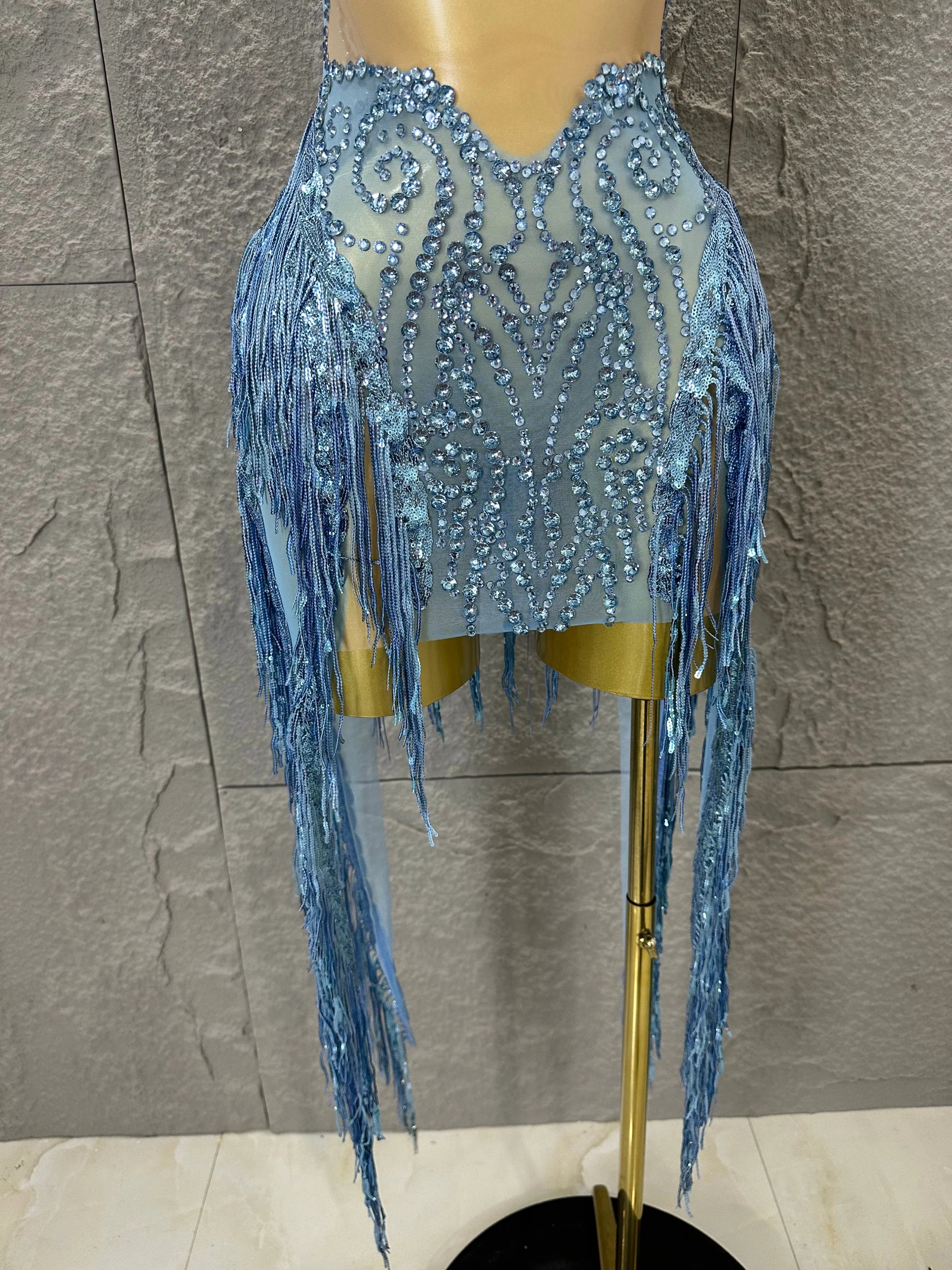 Refined Blue Spaghetti Strap Mini Dress Women Sheer Mesh Rhinestone Fringe Embellished Latin Dance Performance Costume