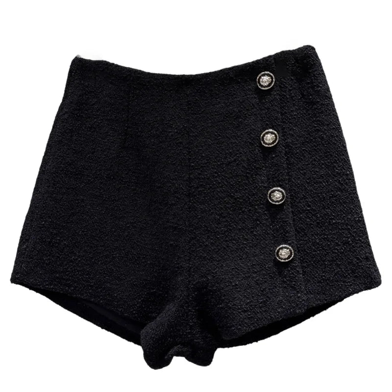 Winter New Fashion Single Row Metal Buckle Tweed Shorts For Women Solid Color Wide-leg Boot Short Pants 11A07659