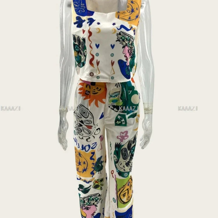 Holiday Fashion Casual Print Suits Women Crop Sleeveless Vest Tank Top Pants Chic Female 2 Piece Sets Outfits New Clothes Summer 1