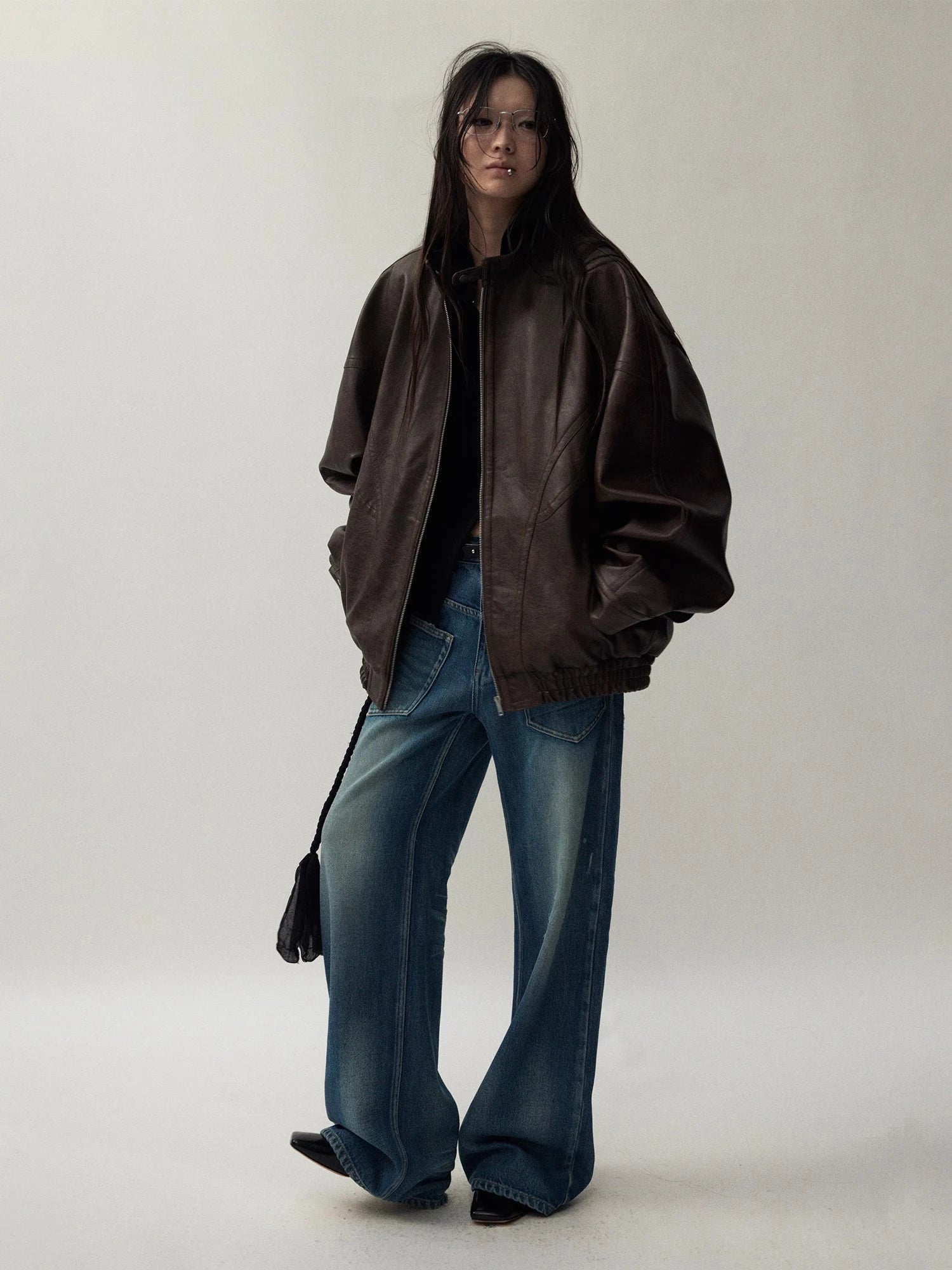 Lautaro Autumn Cool Handsome Distressed Brown Oversized Pu Leather Jacket Women Zippper Stand Collar American Retro Clothing Brown