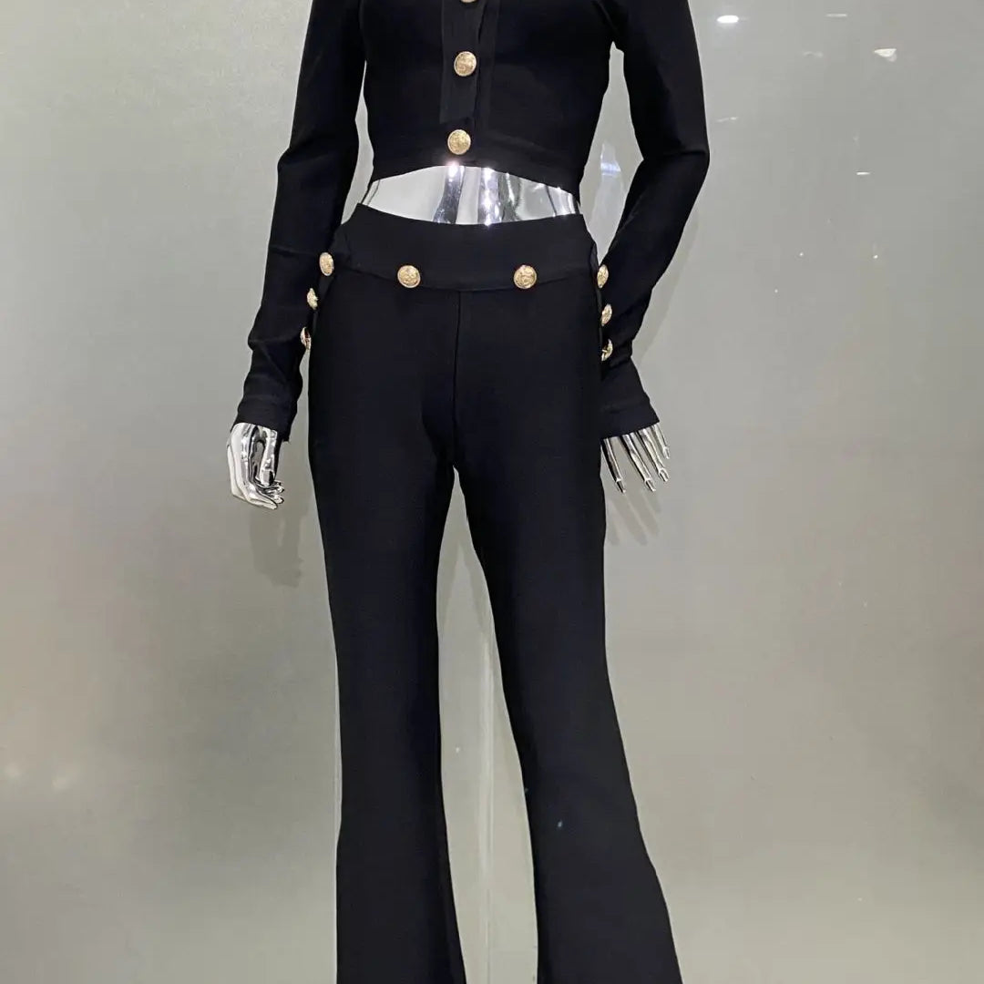 Bandage Expose Waist Woman Set Fashion Golden Buttons Short Coat Top And Flare Pants 2 Pieces High Street Wear