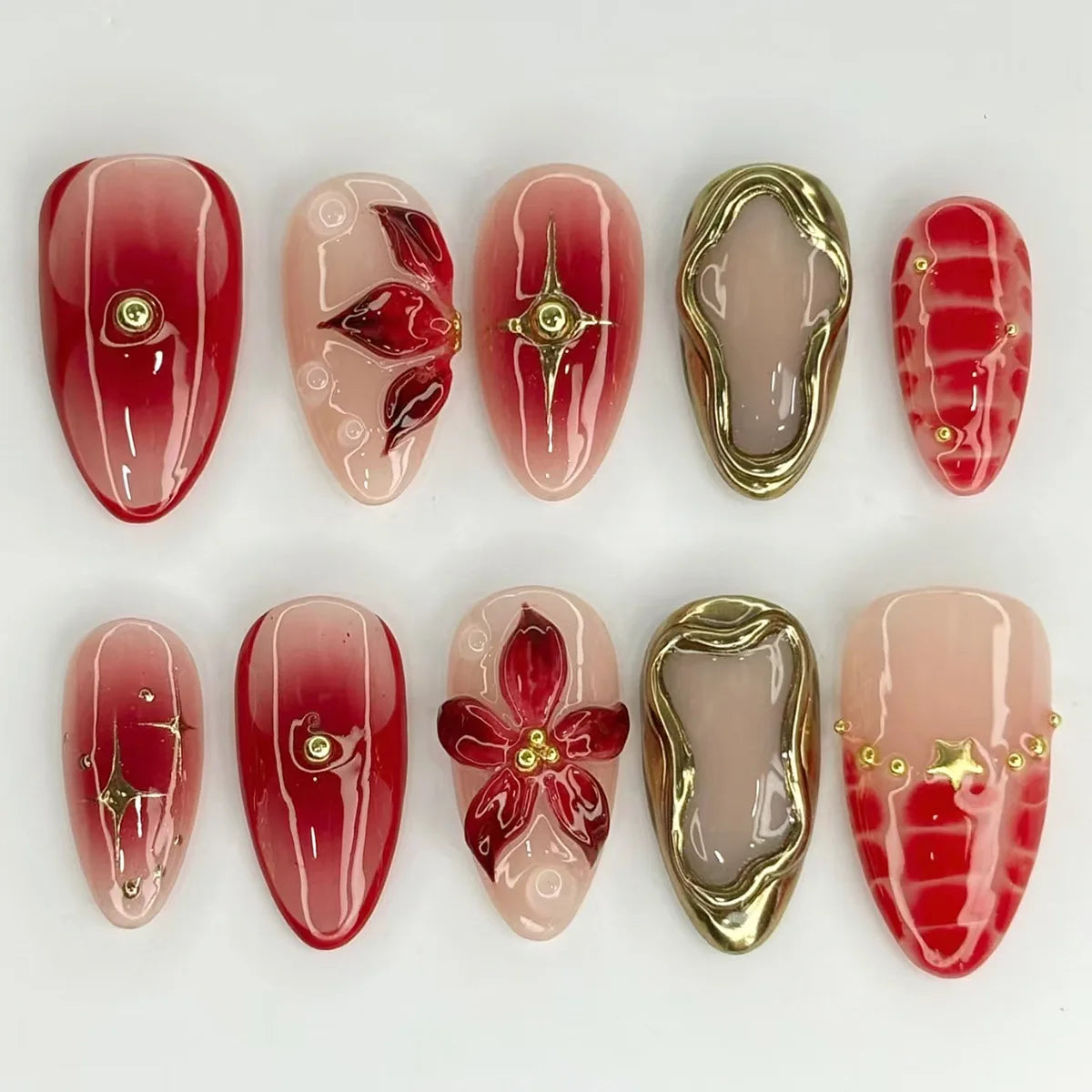 24pcs Sweet Cool Press on Nails with Red Flower Print Y2k False Nails for Girl Wearable Detachable French Almond Fake Nail Tips 1