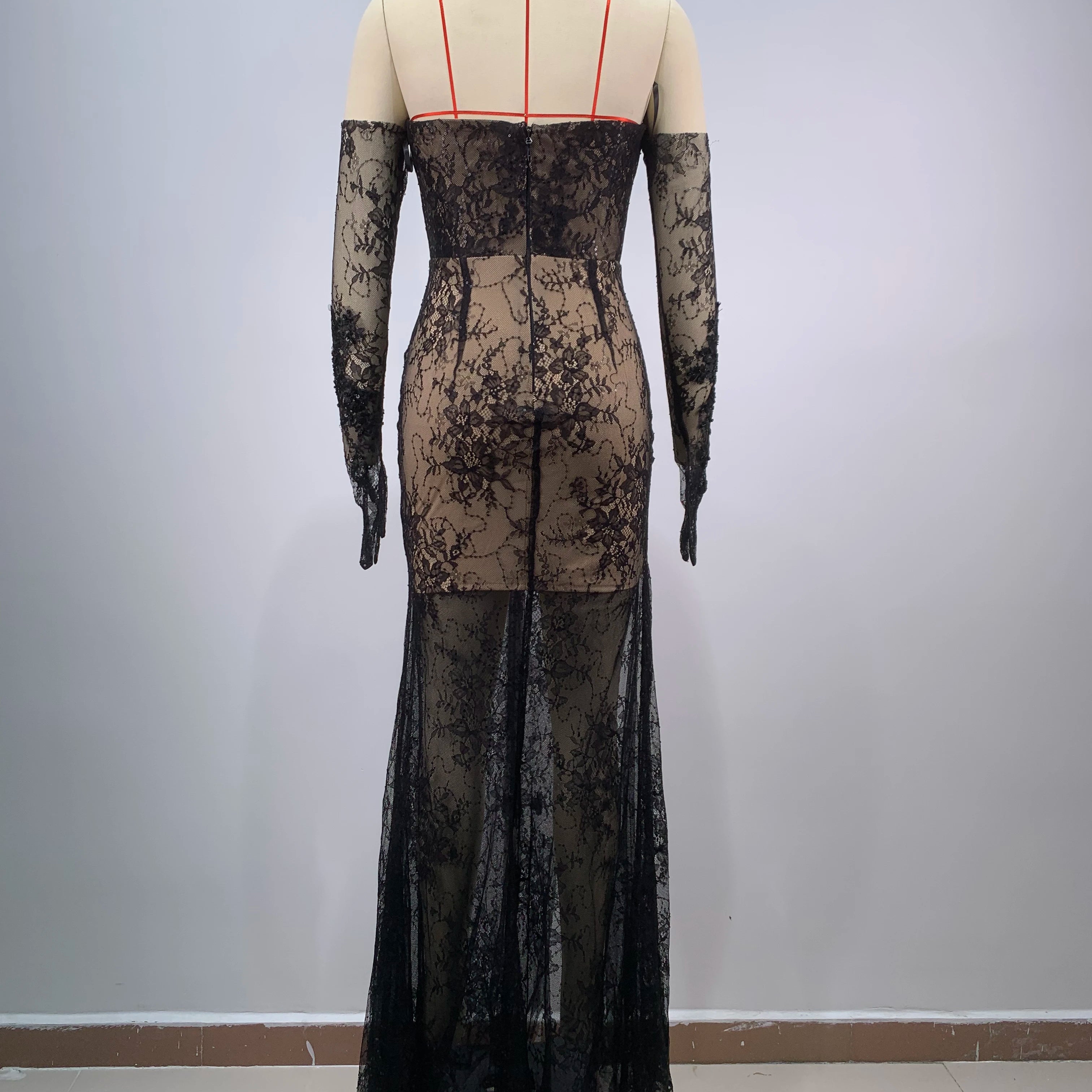 Women Sexy Strapless Lace High Split Long Dress Gloves Celebraye Nightclub Party Birthday Photo Shoot Dress Vestido