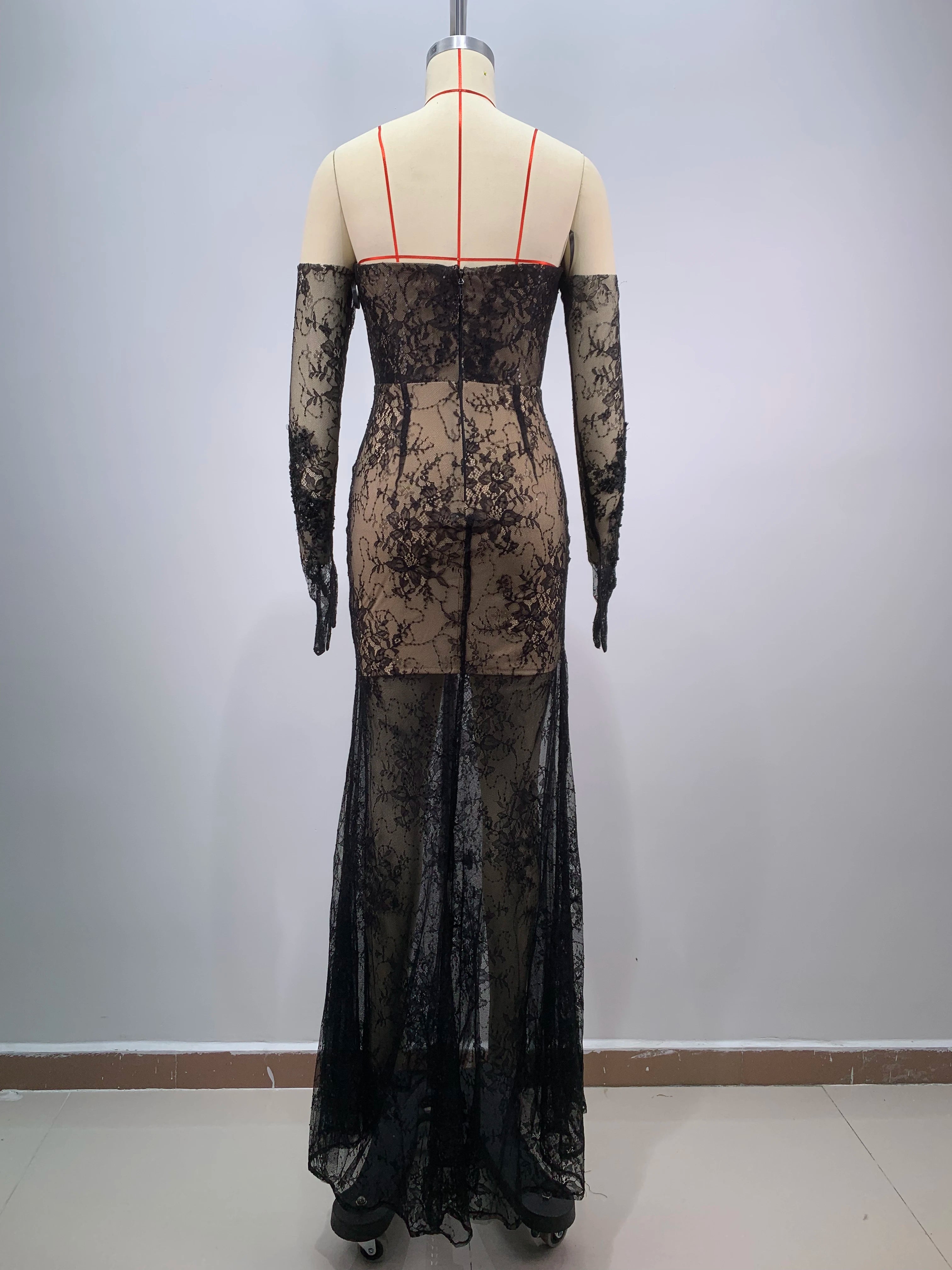 Women Sexy Strapless Lace High Split Long Dress Gloves Celebraye Nightclub Party Birthday Photo Shoot Dress Vestido