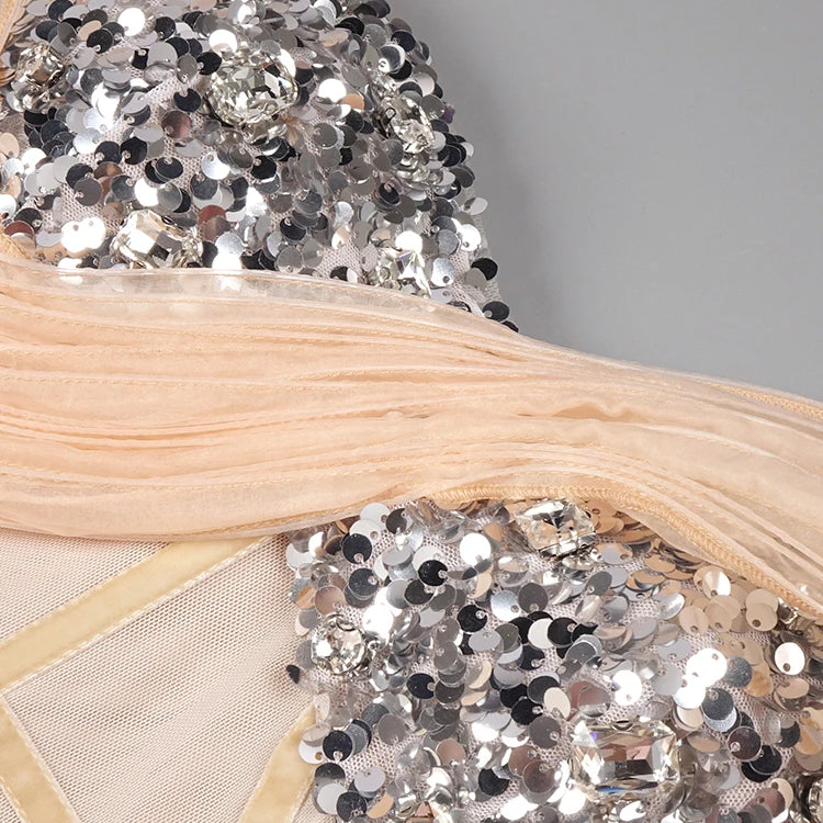 Vintage-Glam Beige Sequin Off Shoulder Strapless Mesh Design Mermaid Dress Evening Gown