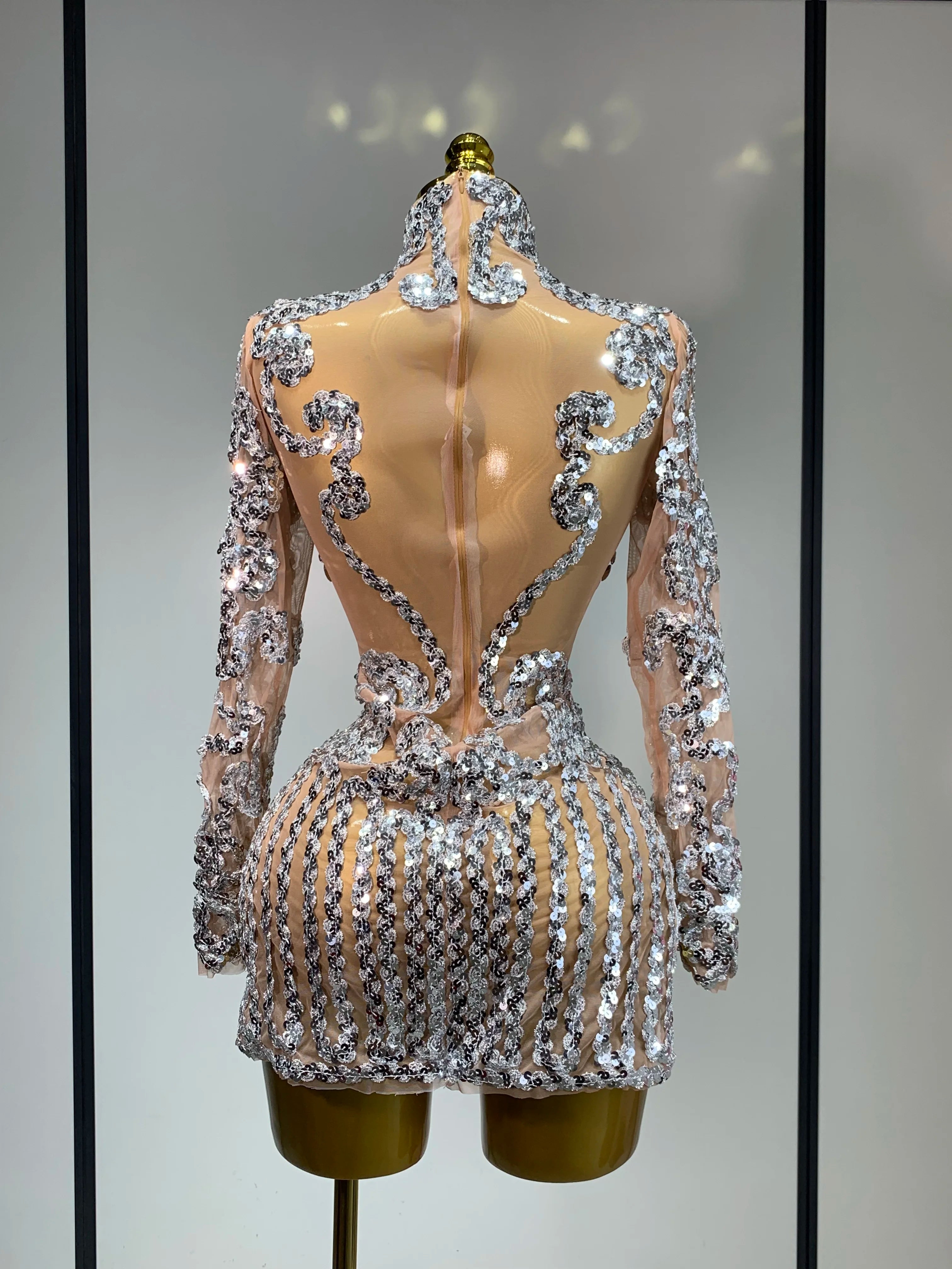 Sparkly Silver Gold Sequins Short Dress Sexy High Slit Women Nightclub Evening Party Dress Birthday Singer Stage Show Outfit