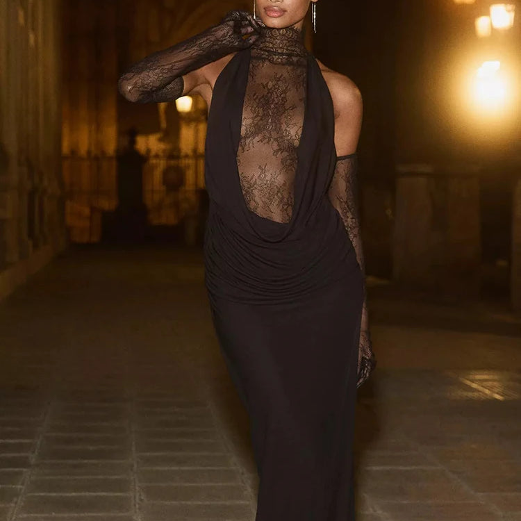 Glamorous Black Halter Dress with Lace Details Gloves for Fashion Events Party Evening Gown