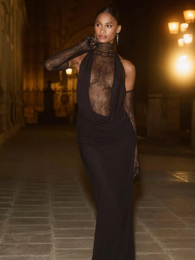 Glamorous Black Halter Dress with Lace Details Gloves for Fashion Events Party Evening Gown