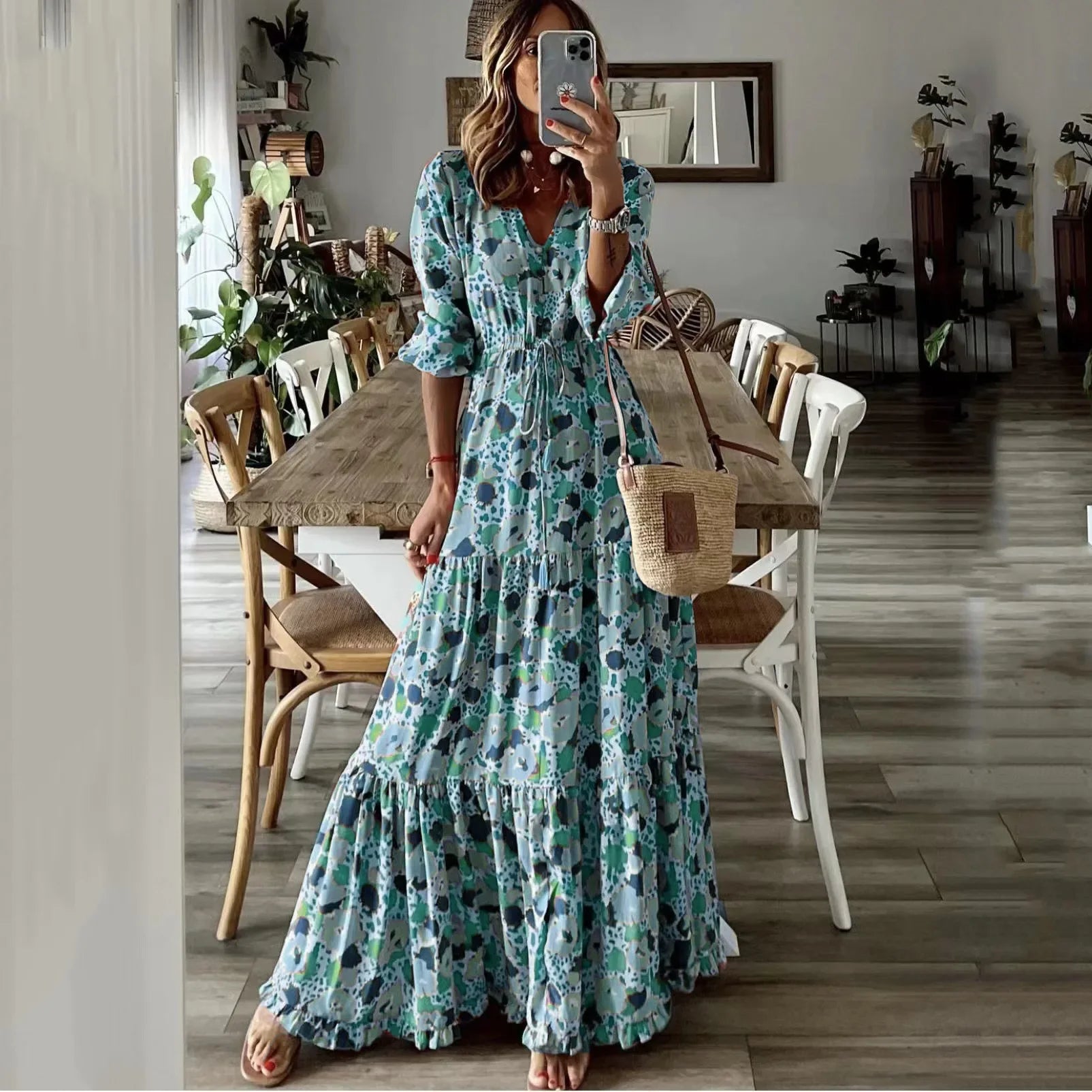 Spring Autumn Flower Print Long Dresses For Women Casual Holiday A-line Beach Dress Fashion Elegant Bohemian Style Maxi Vestidos green.