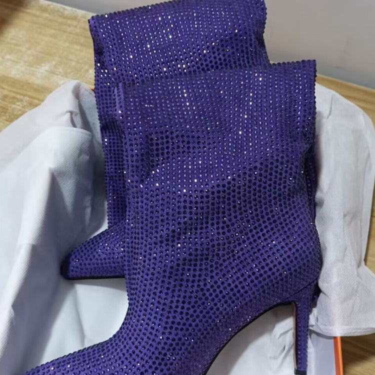 Women's New European and American Fashion Show Starry Sky High-heeled Rhinestone Pointed Nightclub Four Seasons Boots purple 9cm
