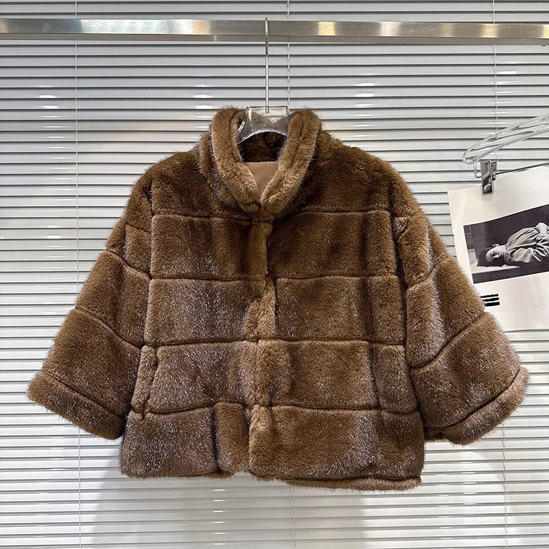 Winter New Fashion Versatile Stand Collar Faux Fur Shawl Coat For Women High Quality Solid Color Top Female 11A07758 Brown One Size