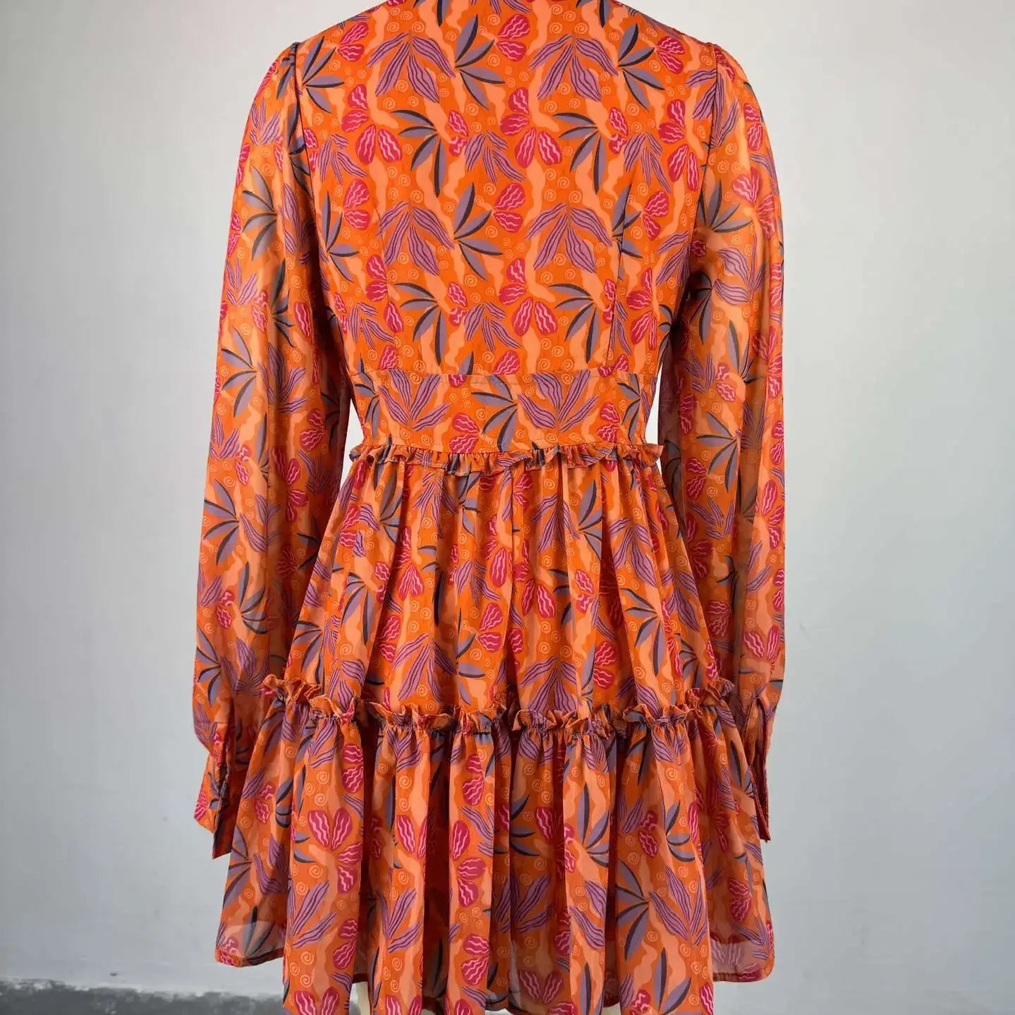 Women V-neck Long Sleeve Pleated Mini Dress Sweet Elegant Floral Print Sexy Birthday Beach Night Party Vestidos Dresses