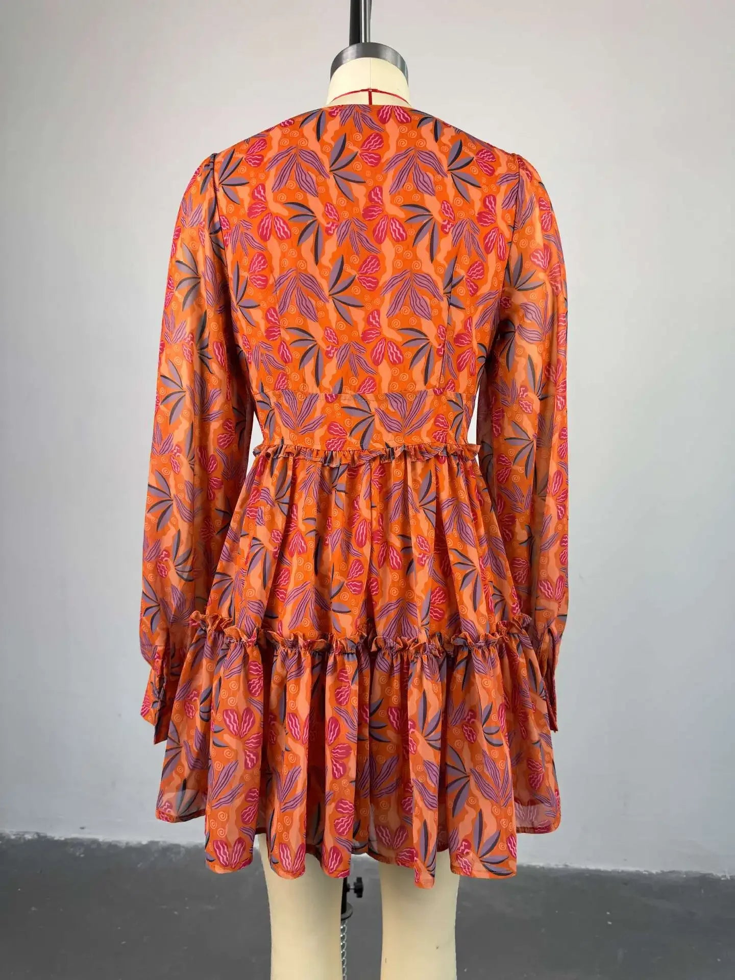 Women V-neck Long Sleeve Pleated Mini Dress Sweet Elegant Floral Print Sexy Birthday Beach Night Party Vestidos Dresses