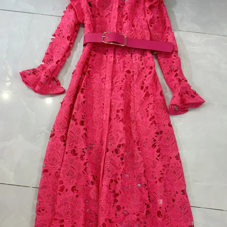 LGRQ Elegant Lace Embroidery Pattern Design Women's Dresses Evening Belt New Hollow Out Luxury Fashion 19F1371