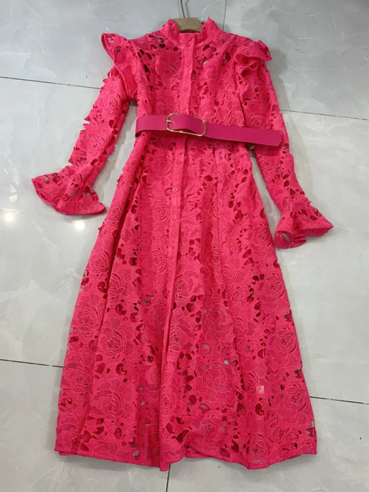 LGRQ Elegant Lace Embroidery Pattern Design Women's Dresses Evening Belt New Hollow Out Luxury Fashion 19F1371