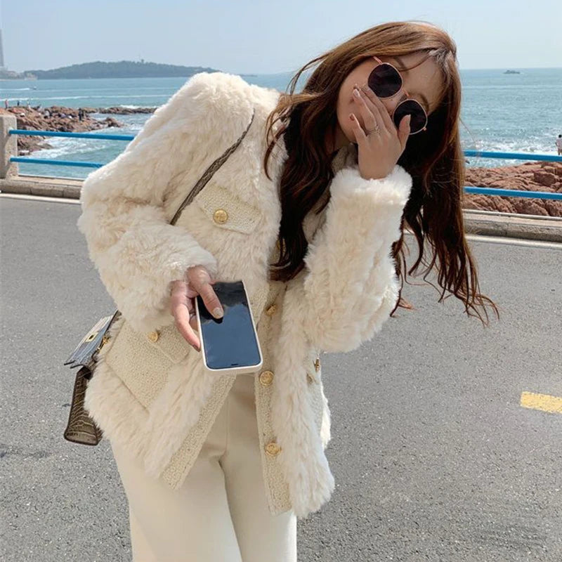 Winter Women Jacket Lamb Wool Korean Style Streetwear O-Neck Faux Fur Coat Woman Warm Thick Furry Fluffy Coat