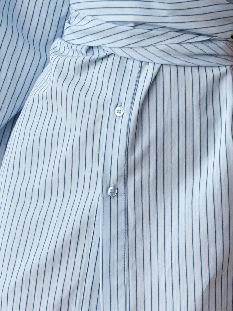 DEAT Fashion Women Blue Stripe Shirt Dress Lapel Single Breasted Full Sleeves Waist Retraction Folds Dresses Spring New