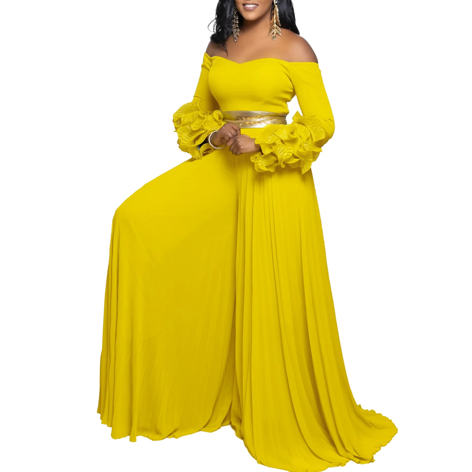 Women Long Ruffles Sleeve Pleated Slash Neck Wide Leg Long Jumpsuits Party Beach belt Street Sexy Africa Outfit Rompers Yellow belt