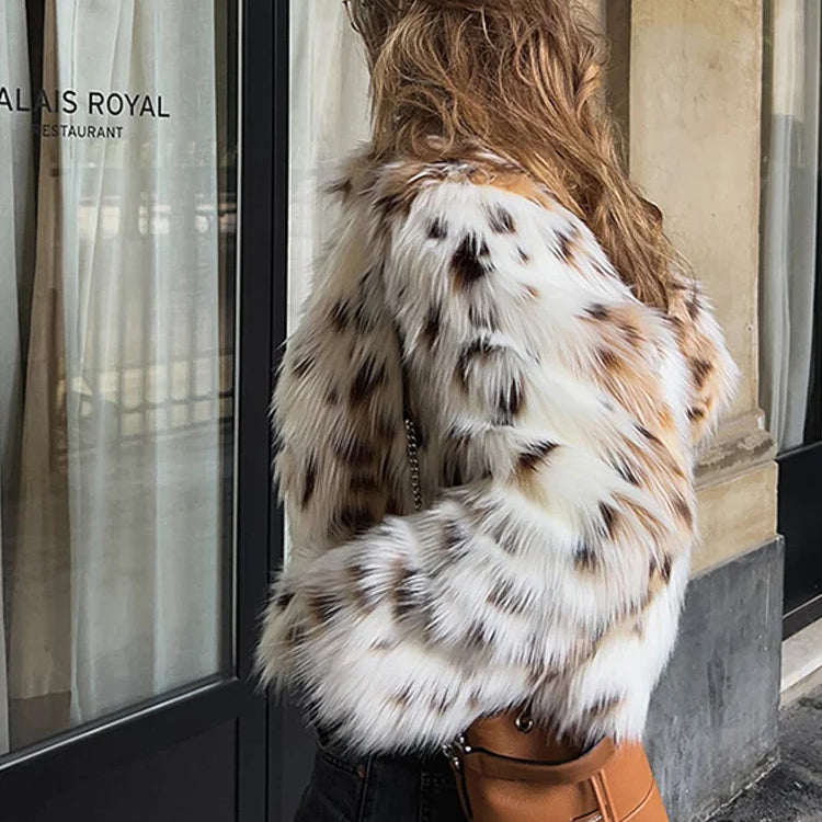 Leopard Faux Fur Coat Women Short Autumn Winter Plush Stand Collar Panelled Jacket Female Warm Stylish Outerwears Lady Casual