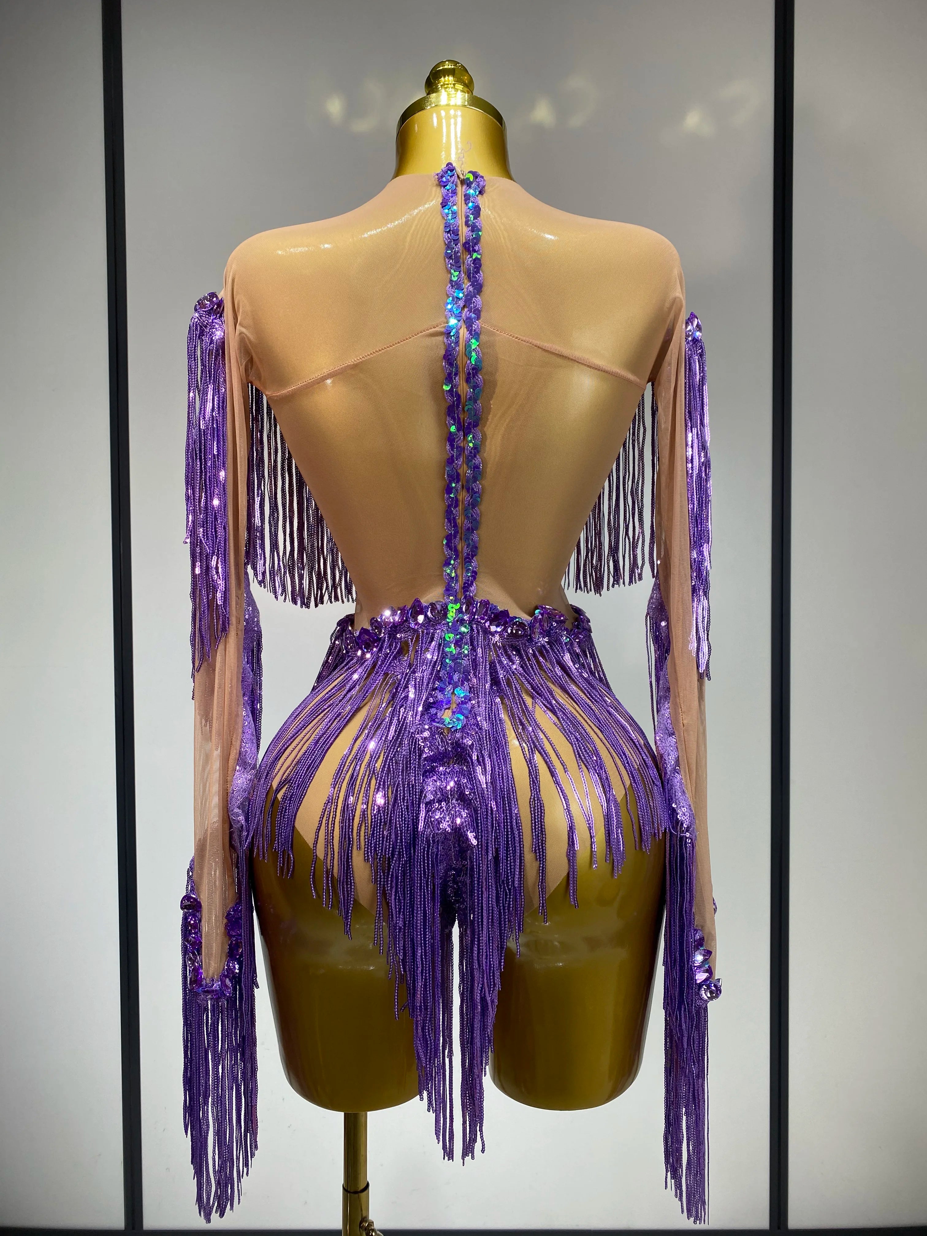 Sparkly Tassel Rhinestones Long Sleeves Sexy Stretch Mesh See Through Bodysuit Women Nightclub Stage Singer Perform Costume