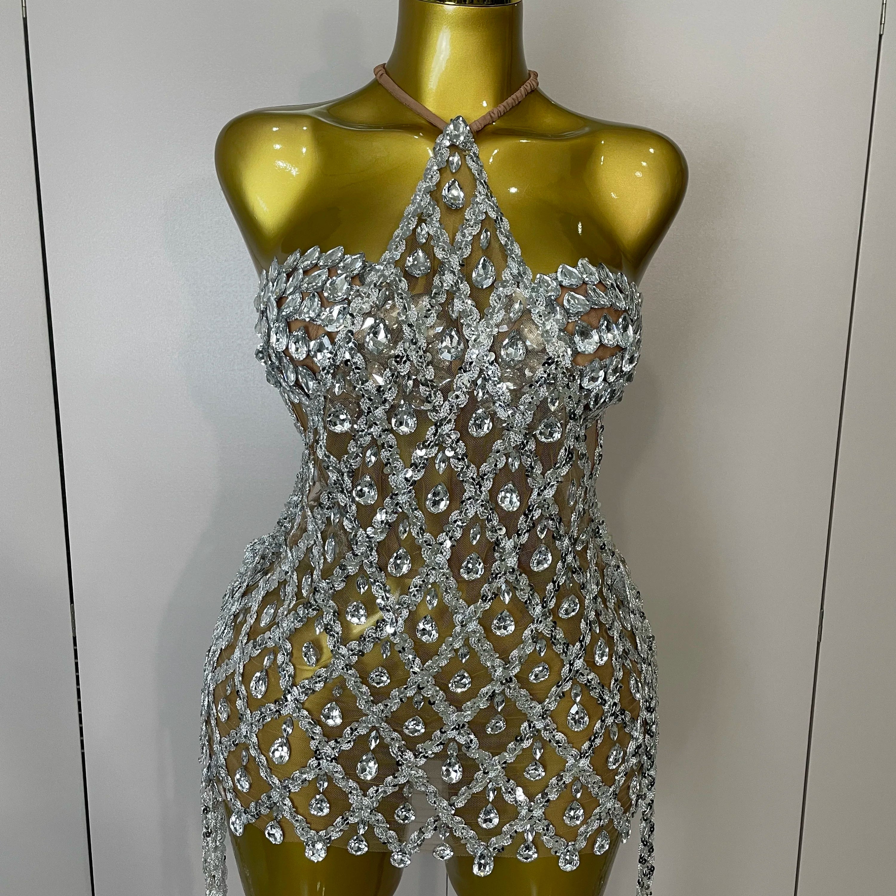 Sparkly Sequin Diamond MeshTransparent Top Dress Two Piece Set Women 2025 Sexy Evening Party Celebrate Birthday Photo Shoot Wear Silver