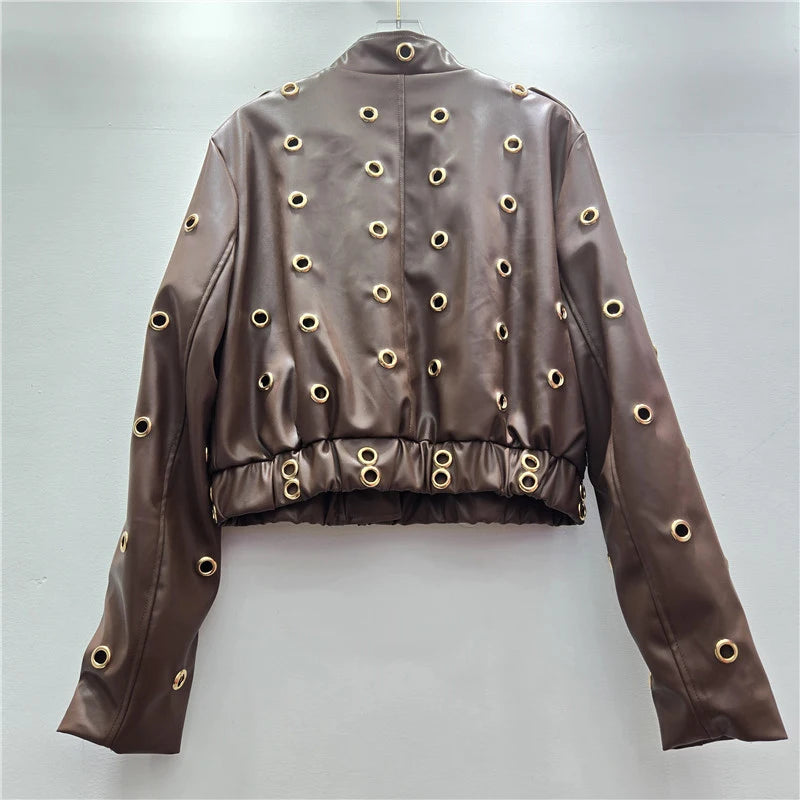 Autumn Winter New Fashion Hollow Metal Circle Stand Collar Zipper Long Sleeve Leather Jacket For Women Trendy 11A07639
