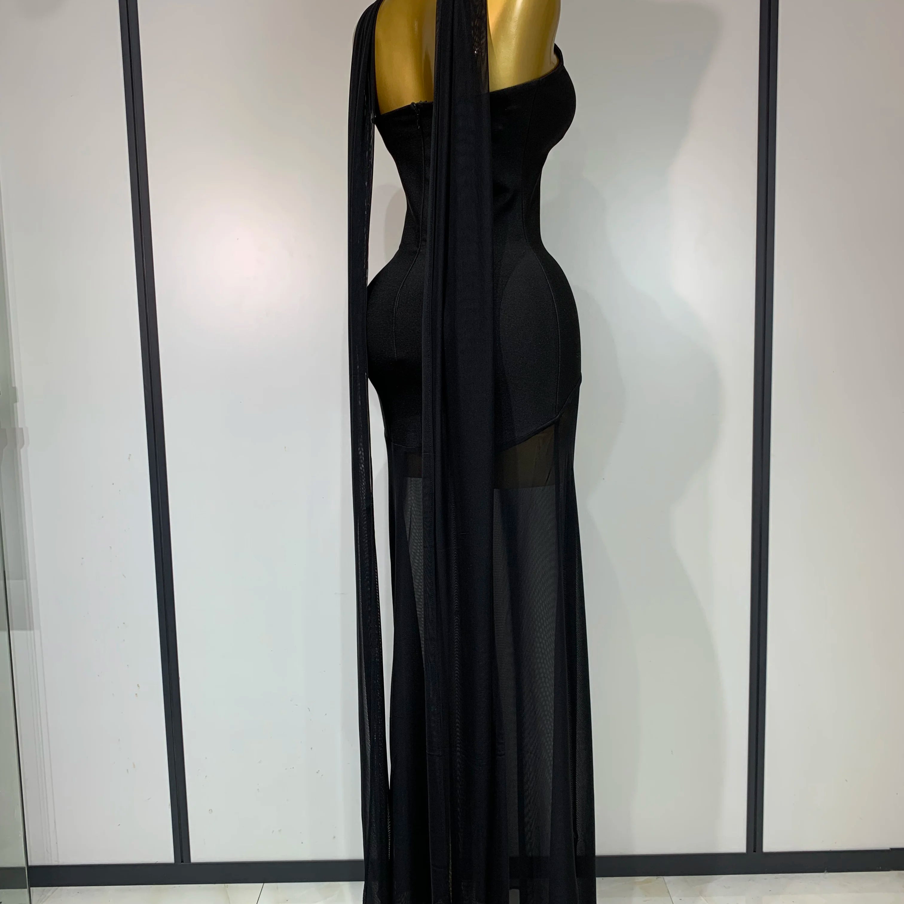 Sexy Strapless Long Bandage Dress Black Mesh Patchwork Elegant Women Blackless Evening Party Gowns Bodycon Birthday Dresses