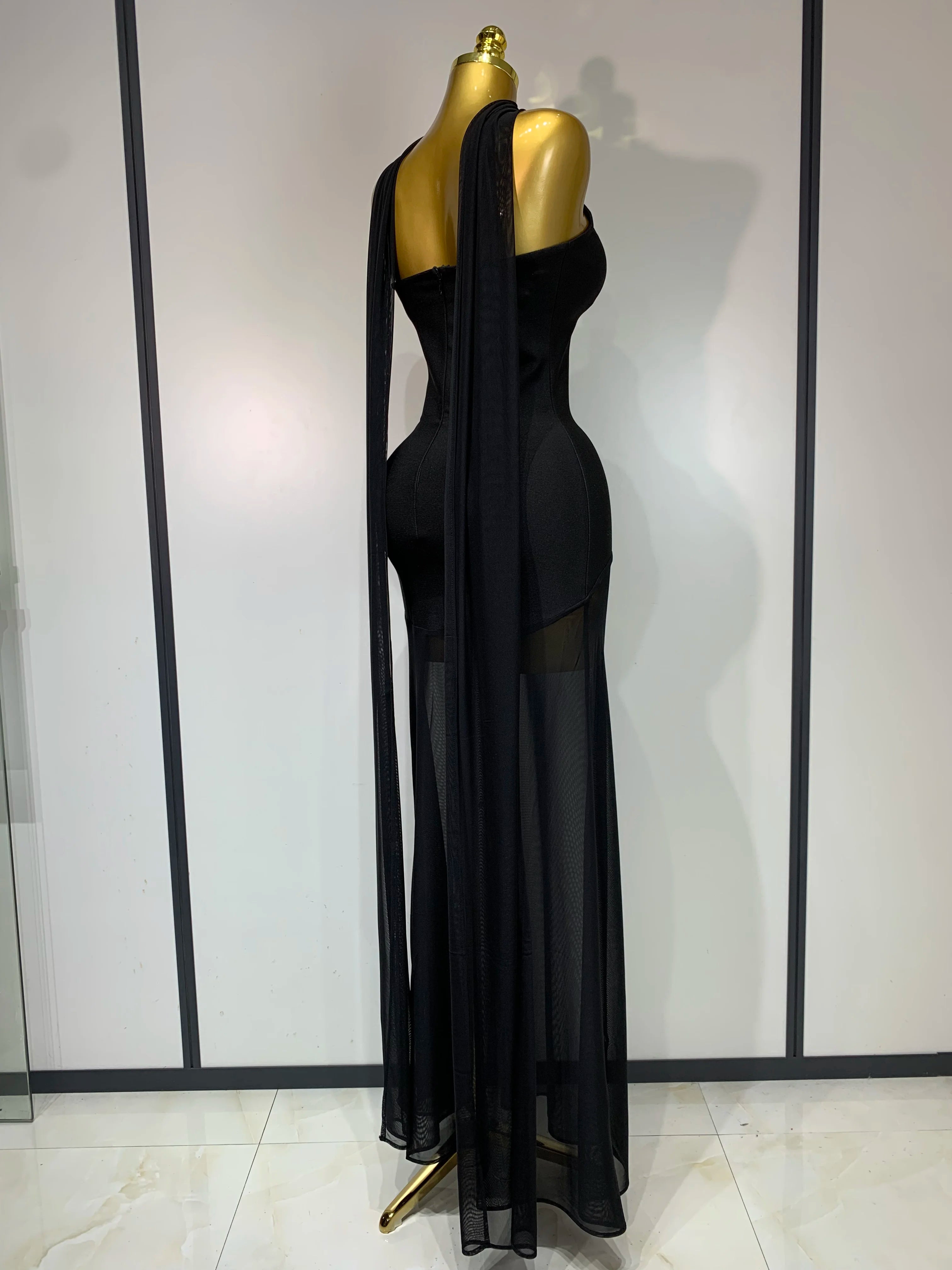 Sexy Strapless Long Bandage Dress Black Mesh Patchwork Elegant Women Blackless Evening Party Gowns Bodycon Birthday Dresses