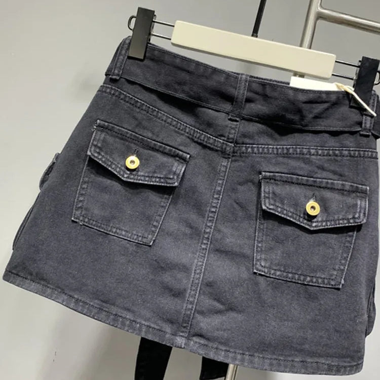 DEAT Fashion Belt Bandage Denim Mini Skirt Women Patchwork Pocket Cargo Wrap Hip Skirts Female Trend Spring New 11XX01119