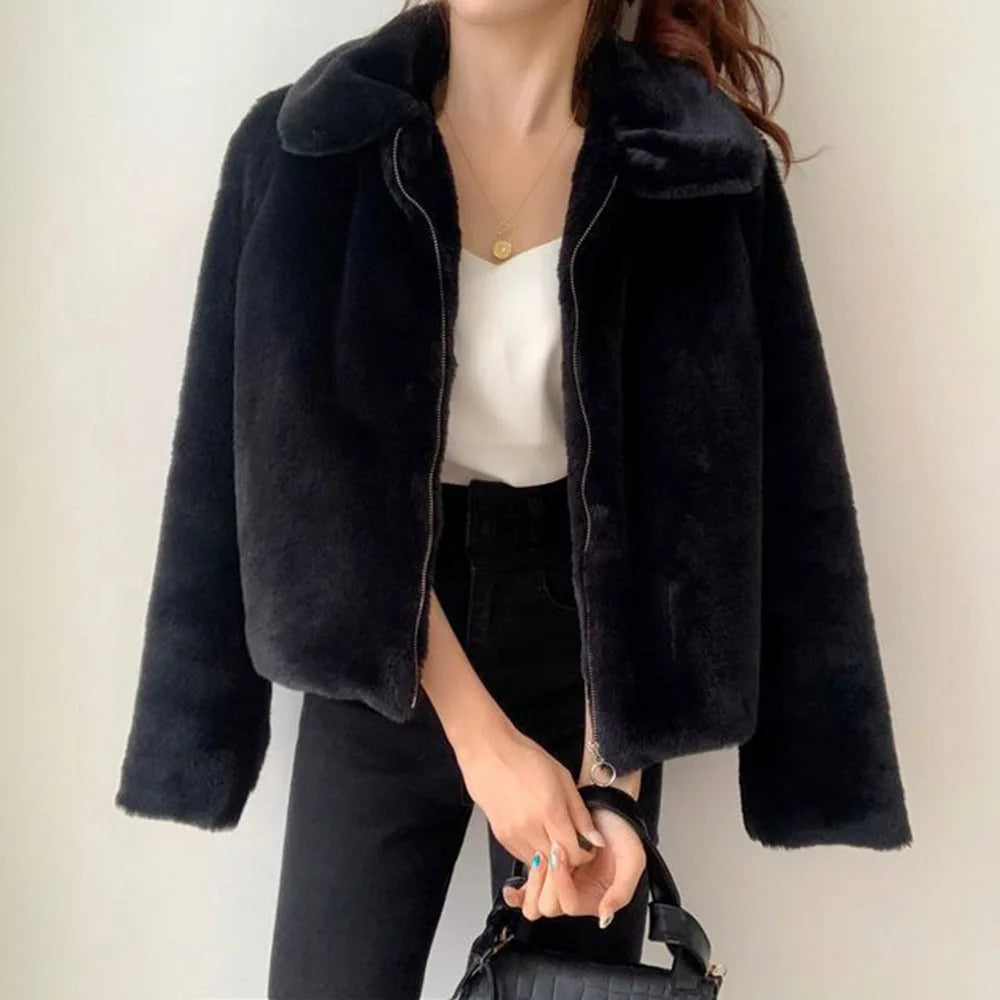 Thickened Flap Collar Warm Furry Jacket Artificial Fur Short Style Rabbit Fur Top Hot Sale Of The Season Autumn Winter New St... black