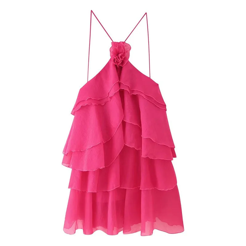 Women Sleeveless Cascading Ruffles Smock Big Swing Dress 2025 Birthday Vacation Street Summer Party Dresses Vestidos Rose Red